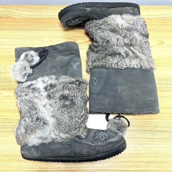 Manitobah Mukluks Boots Womens 9 Gray Suede & Fur Beaded Winter READ DESCRIPTION - Picture 2 of 9